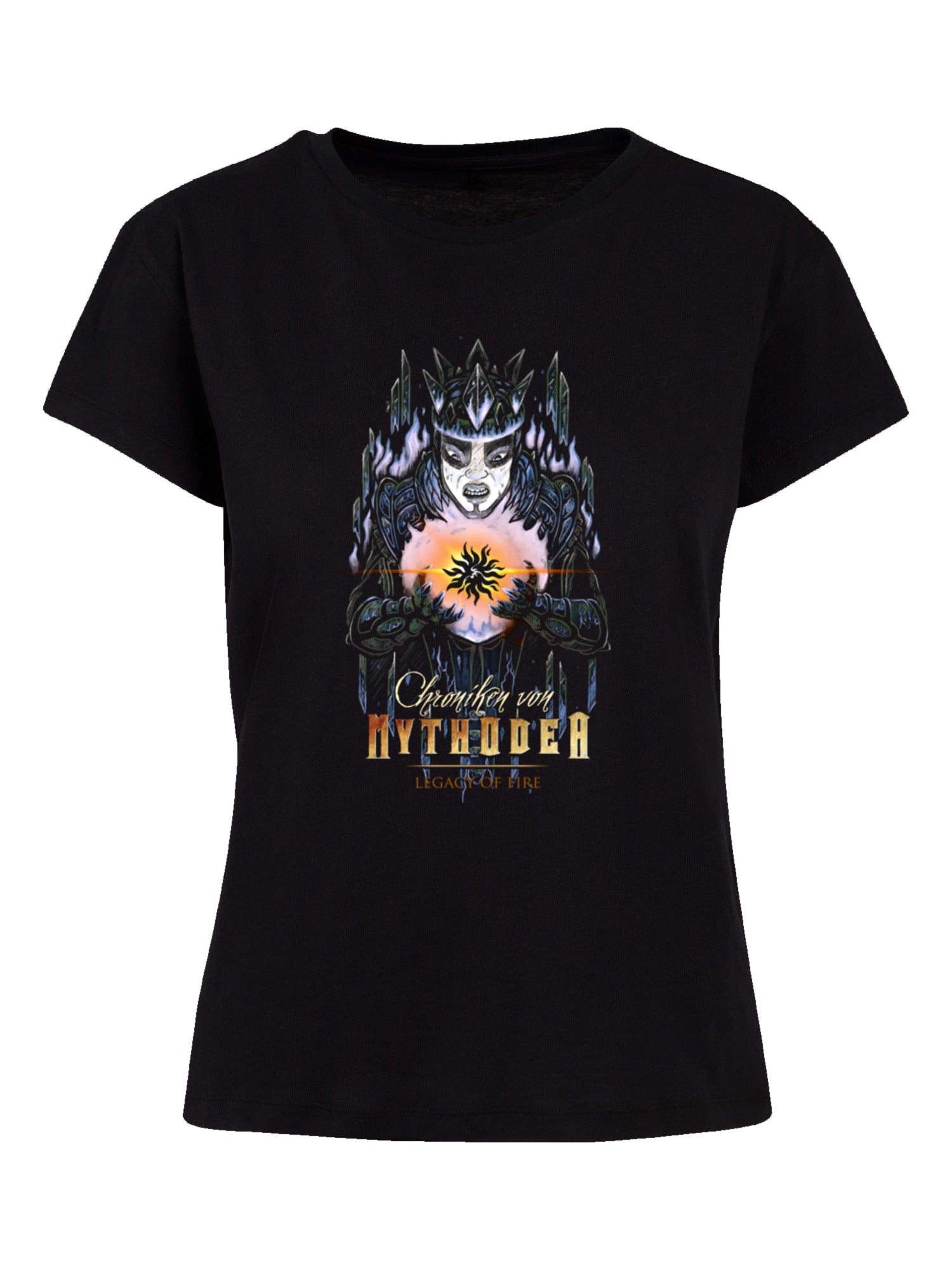 Chronicles of Mythodea 2025 Muted and logo and Burgschneider Wht with Ladies Box Tee