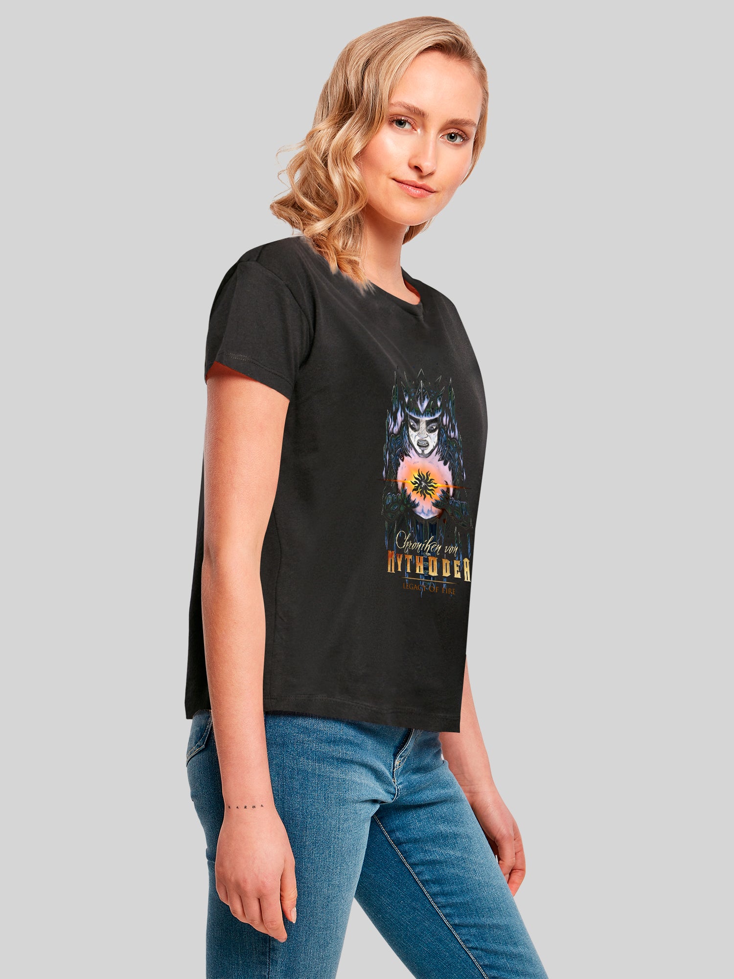 Chronicles of Mythodea 2025 Muted and logo and Burgschneider Wht with Ladies Box Tee