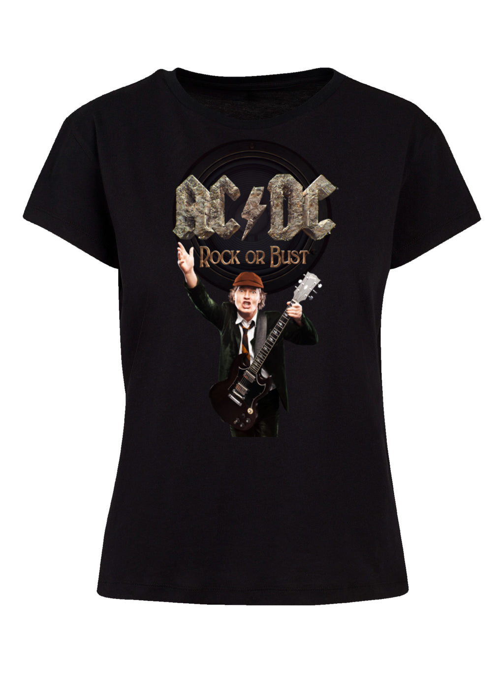 ACDC Rock o Bust Angus Young con Camiseta de Caja de Damas