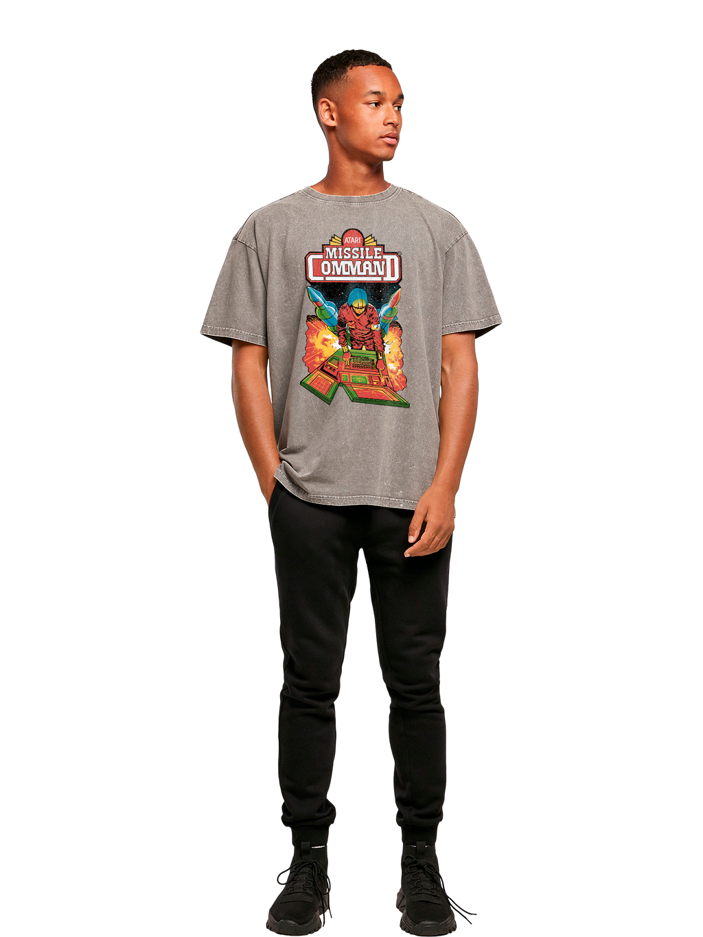 Colgadora de comando de misiles Atari Retro Gaming con camiseta de gran tamaño pesado de ácido