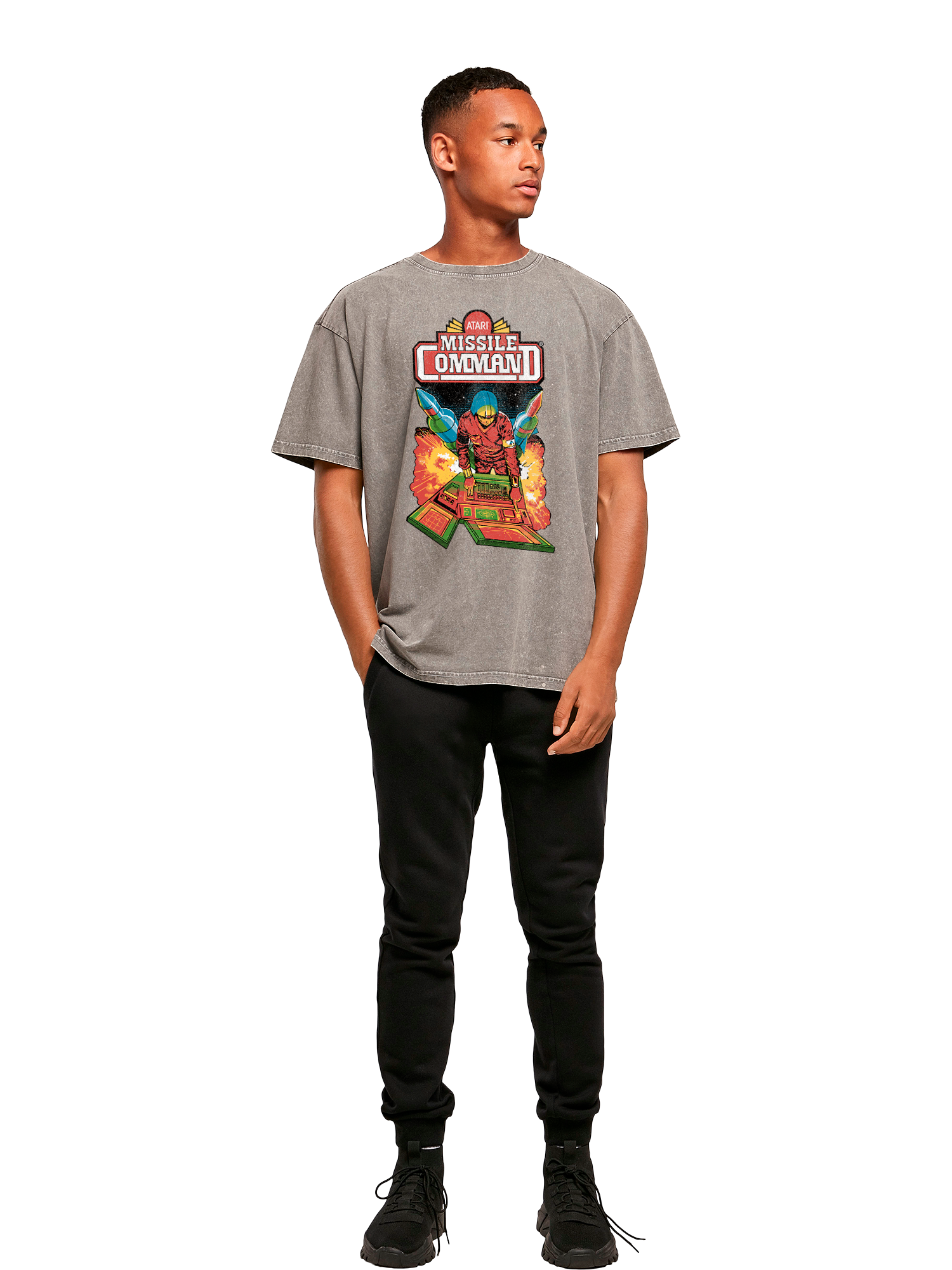 Colgadora de comando de misiles Atari Retro Gaming con camiseta de gran tamaño pesado de ácido