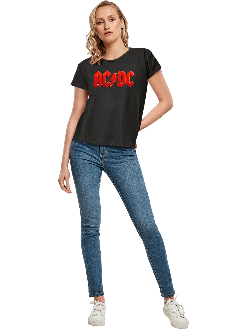 ACDC Damen-Box-T-Shirt mit dunkelrotem Logo