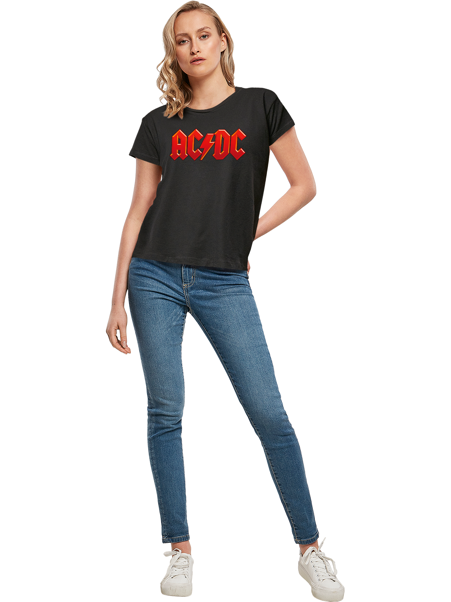 ACDC Damen-Box-T-Shirt mit dunkelrotem Logo