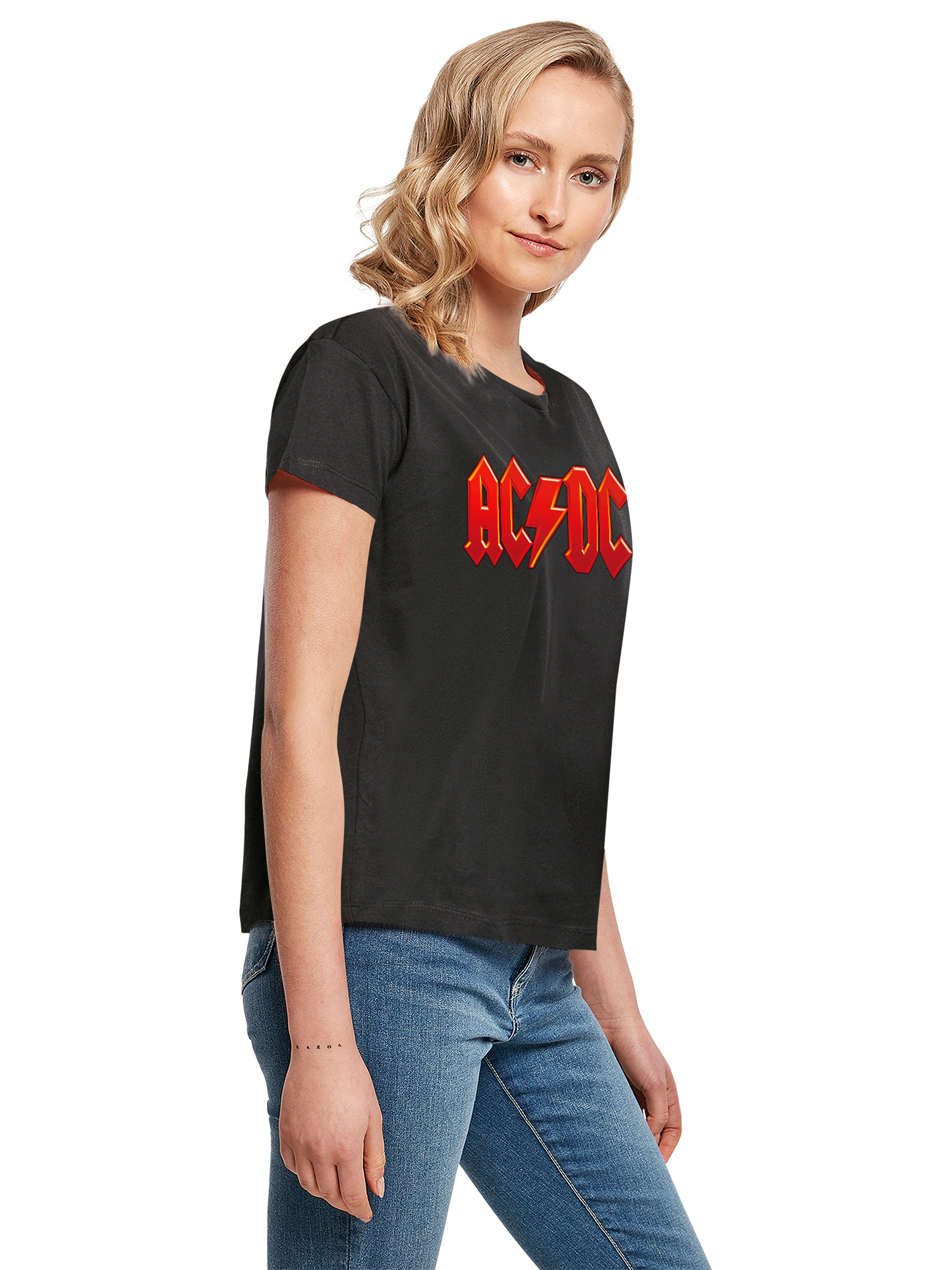 ACDC Damen-Box-T-Shirt mit dunkelrotem Logo