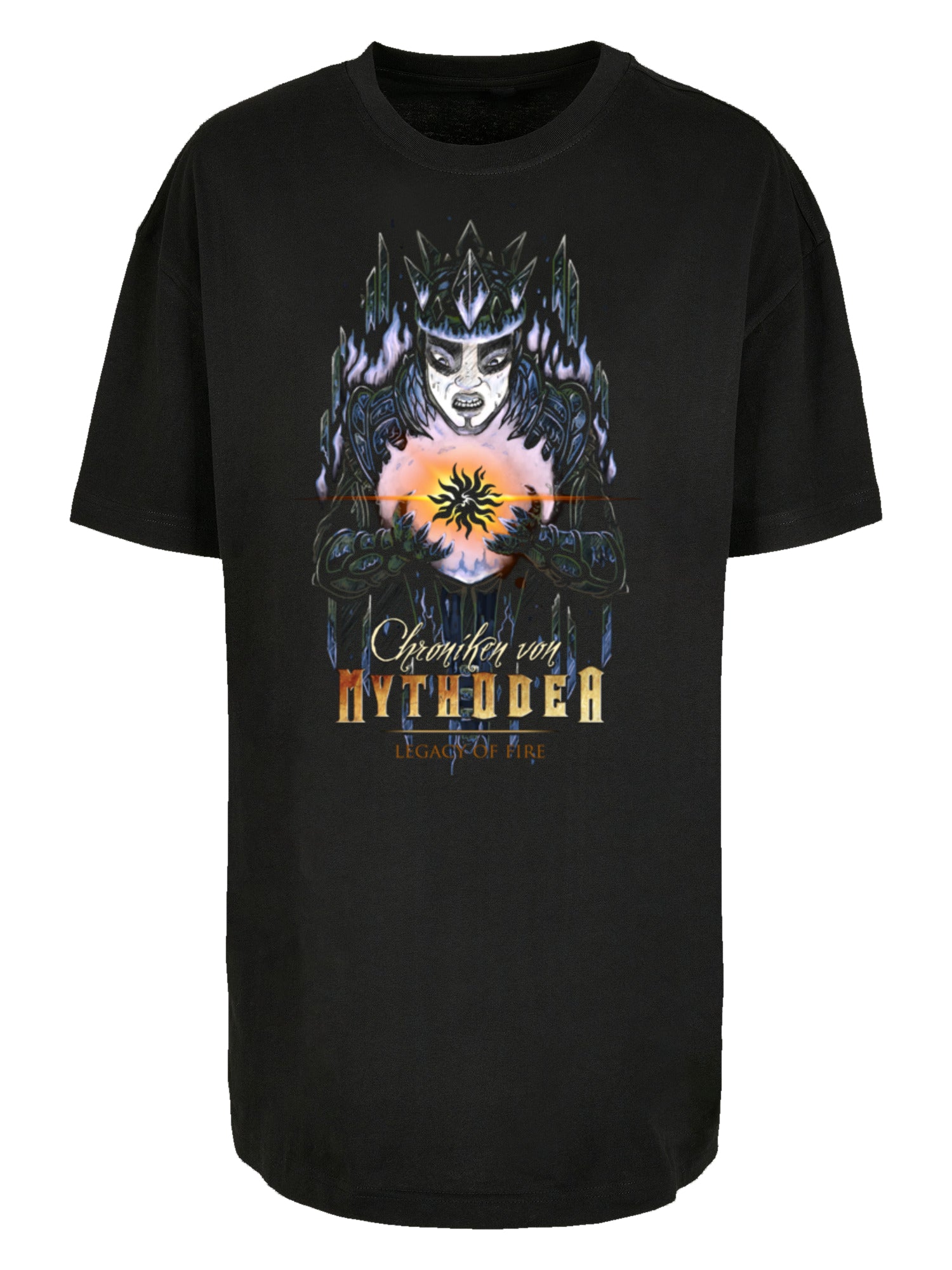 Crónicas de Mythodea 2025 apagado y logotipo y Burgschneider Wht con damas tee de novio de gran tamaño