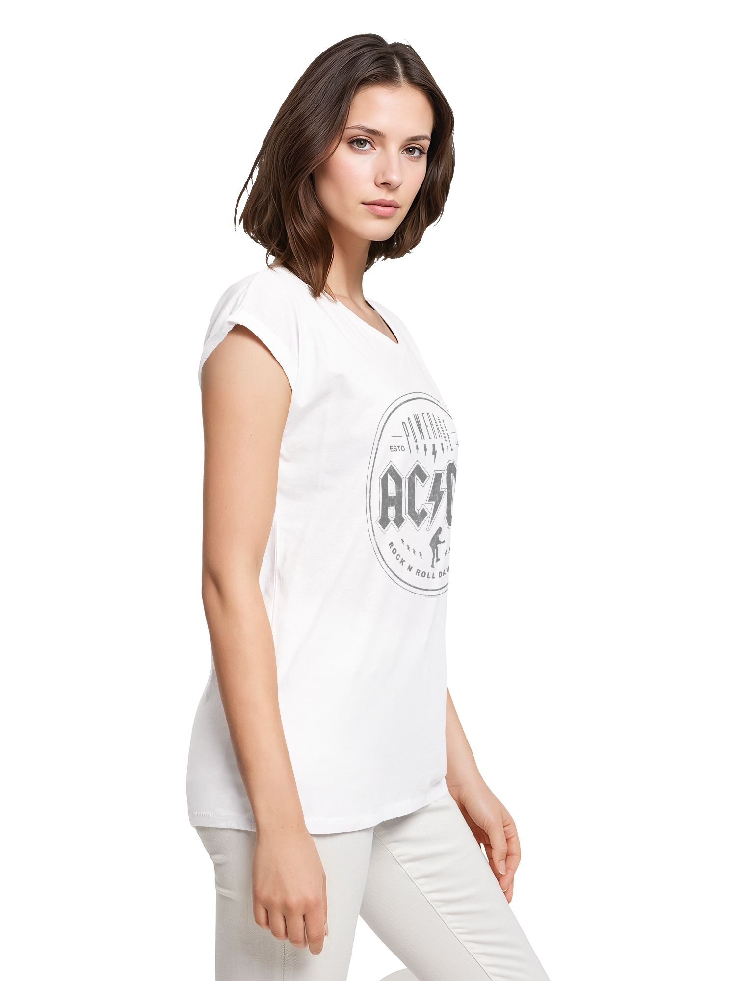ACDC Rock N Roll Damnation Ladies Extended Shoulder Tee