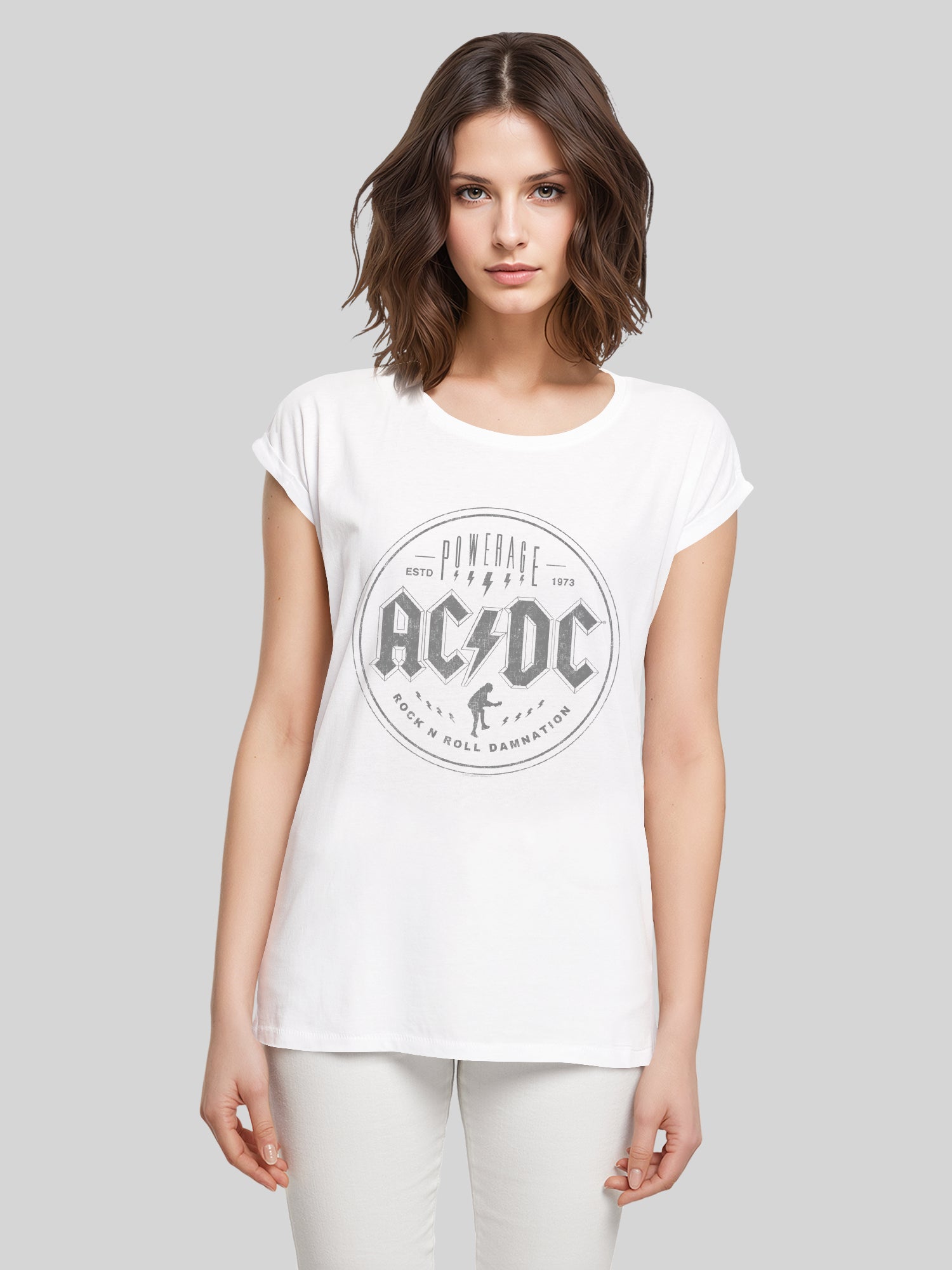 ACDC Rock N Roll Damnation Ladies Extended Shoulder Tee