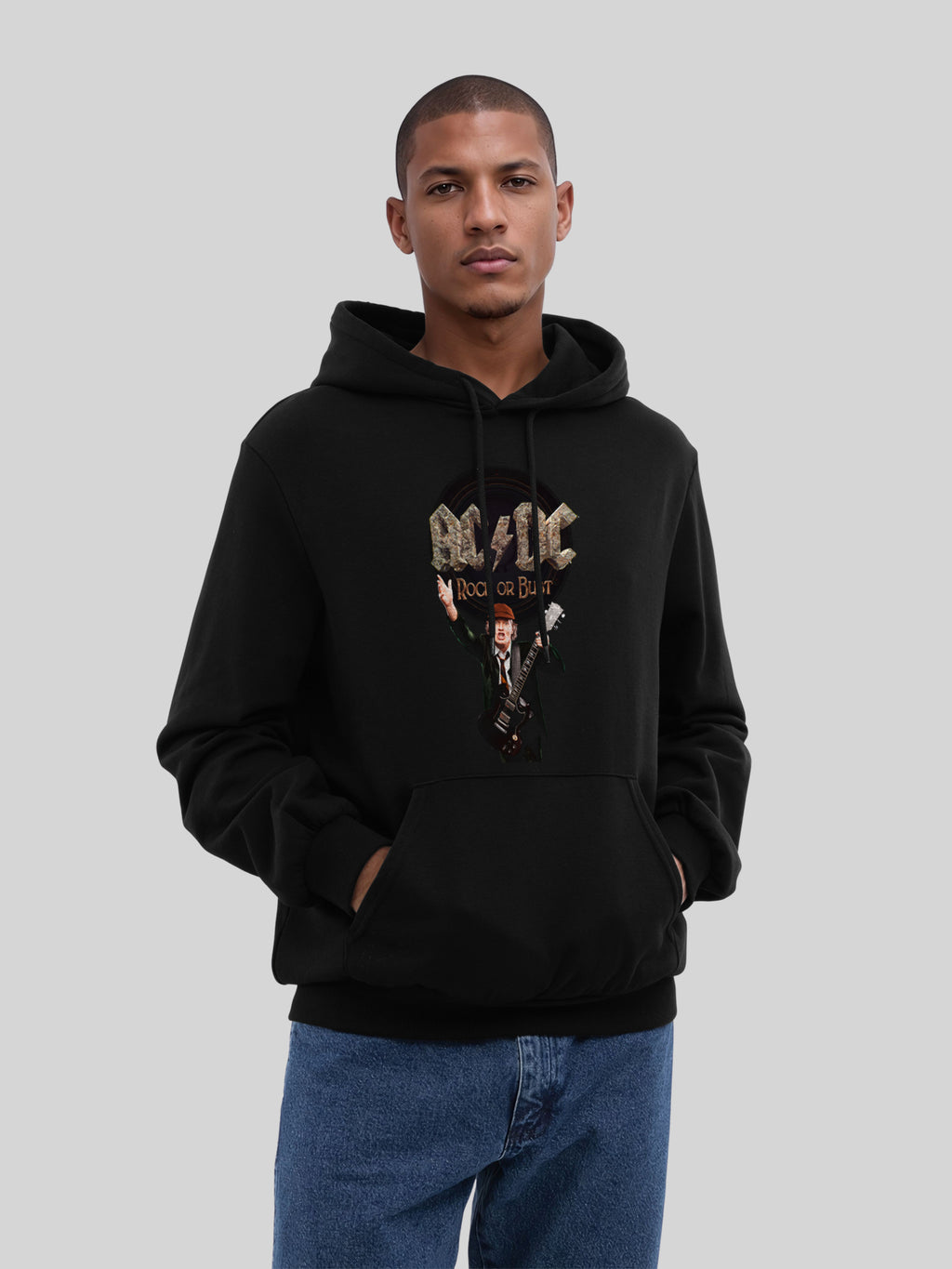 ACDC Rock o Bust Angus Young con blancos verdaderos | Sudadera con capucha regular para hombres