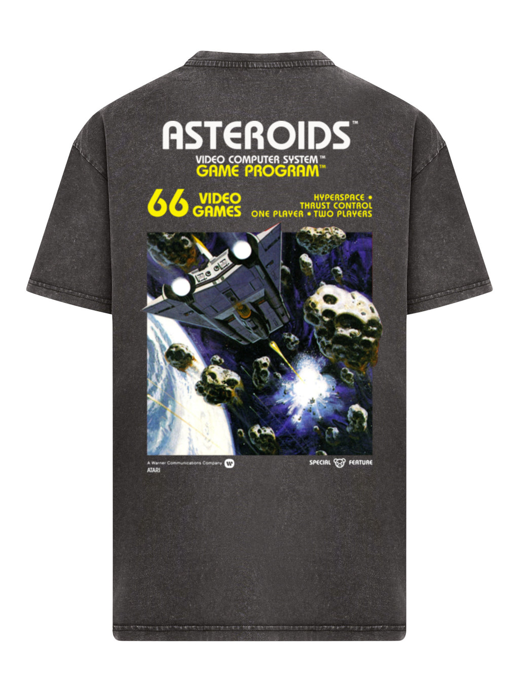 Logotipo de Atari Games White Retro Gaming Horizontal y Atari Asteroids Cubra de cajas con camiseta de gran tamaño pesado de ácido