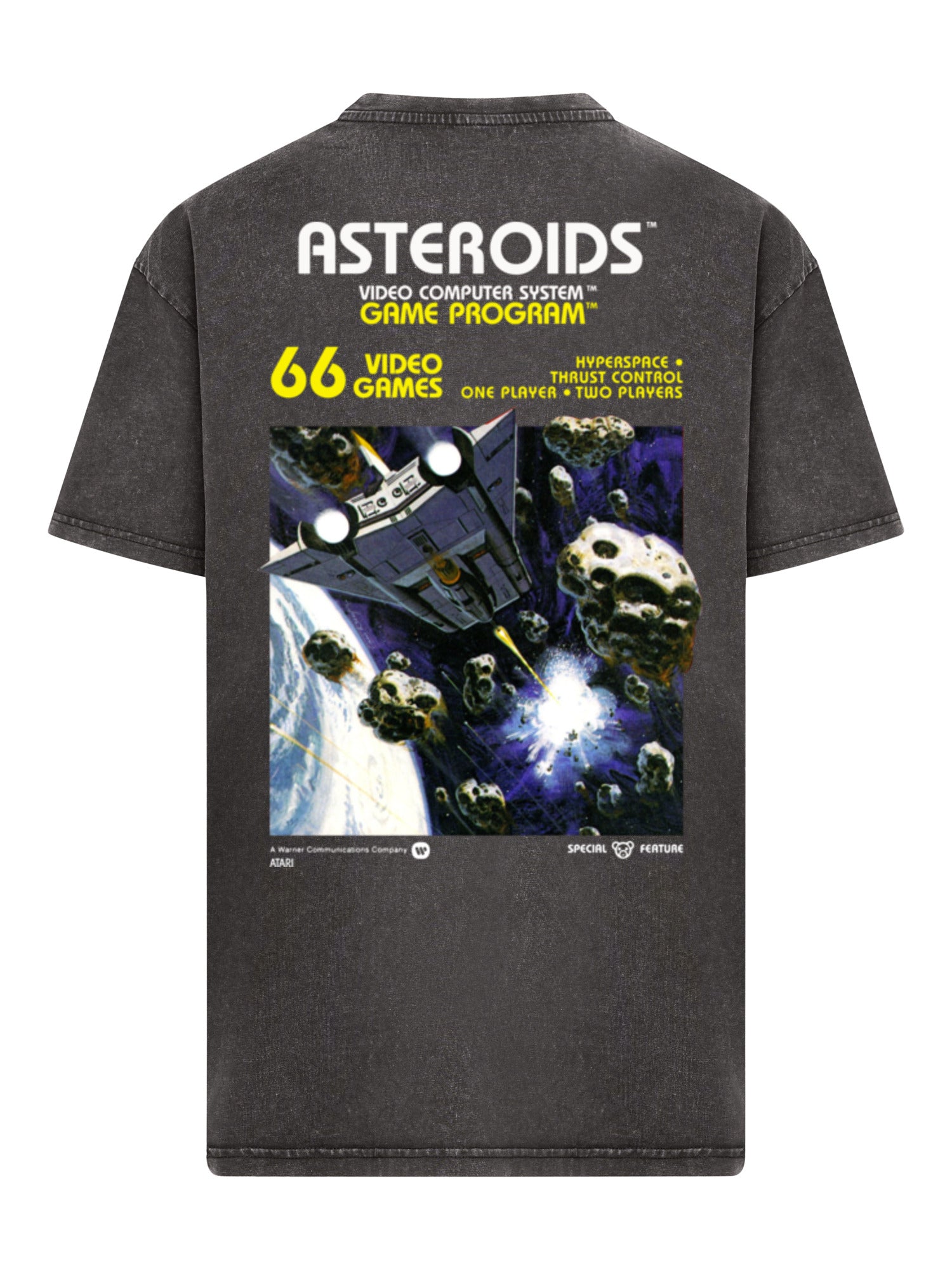 Logotipo de Atari Games White Retro Gaming Horizontal y Atari Asteroids Cubra de cajas con camiseta de gran tamaño pesado de ácido