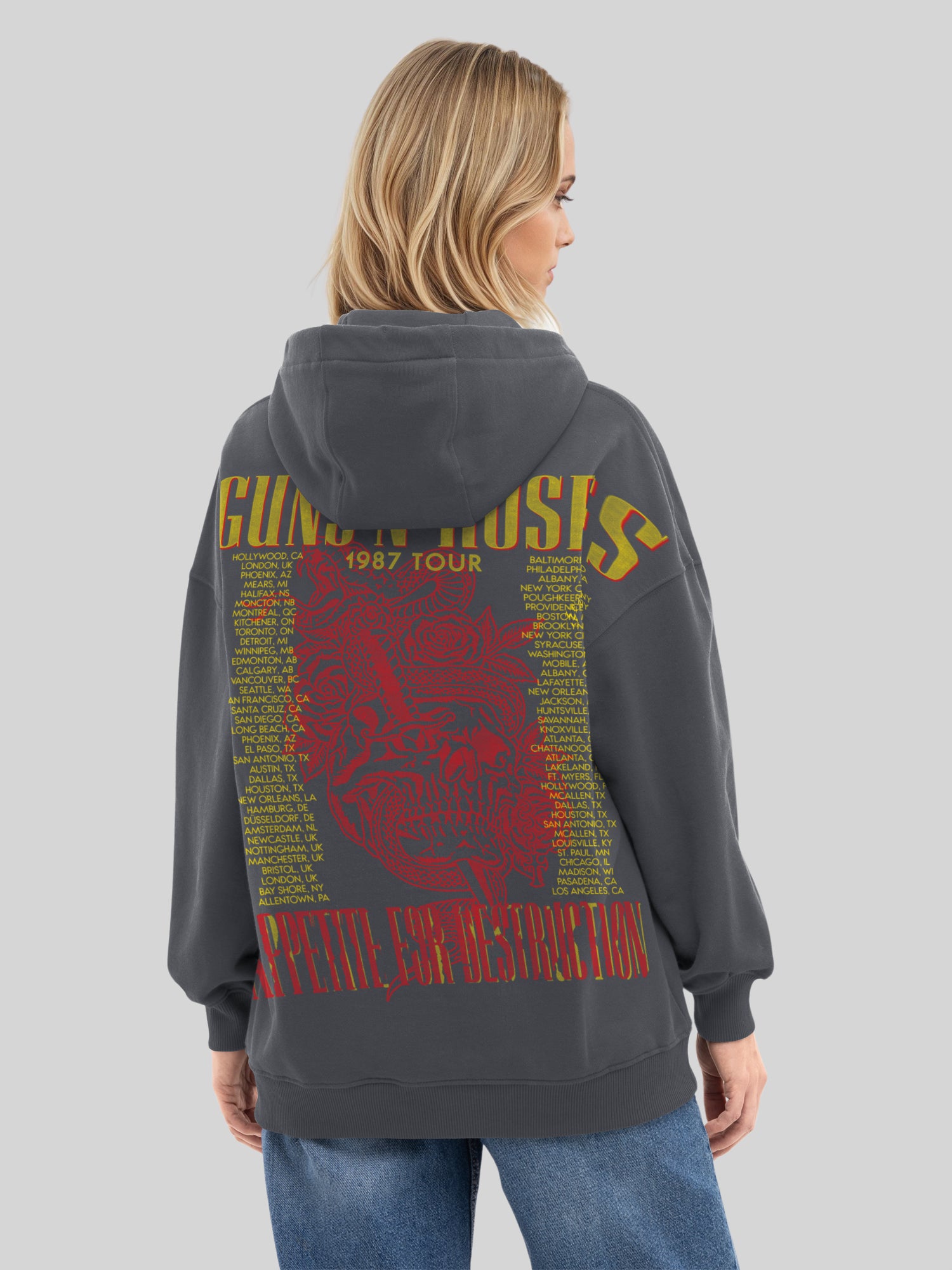 Guns N 'Roses 1987 Tour Vintage Concert Concert CONTTER | Sudadera con capucha de gran tamaño para mujeres