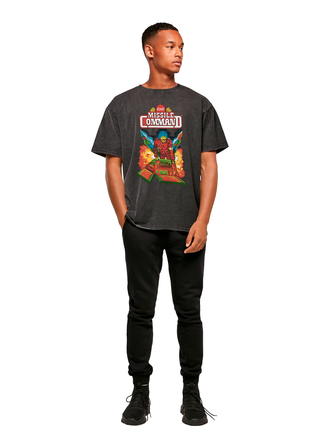 Colgadora de comando de misiles Atari Retro Gaming con camiseta de gran tamaño pesado de ácido