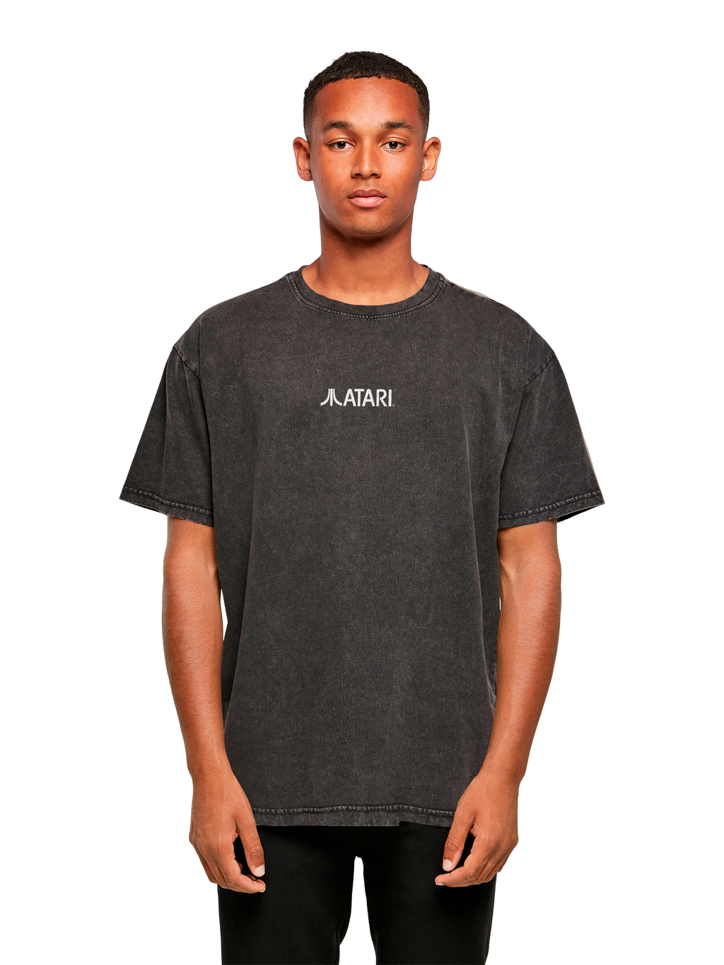 Logotipo de Atari Games White Retro Gaming Horizontal y Atari Asteroids Cubra de cajas con camiseta de gran tamaño pesado de ácido