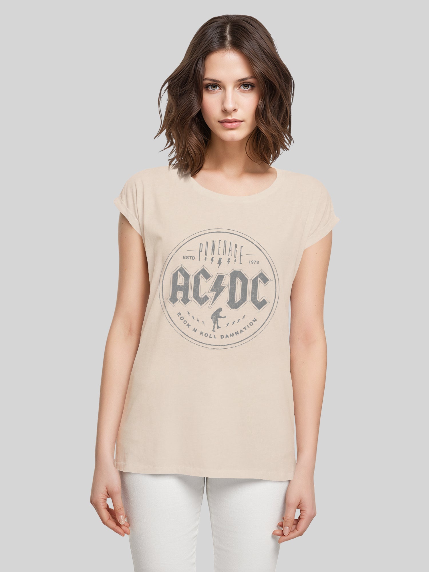 ACDC Rock N Roll Damnation Ladies Extended Shoulder Tee