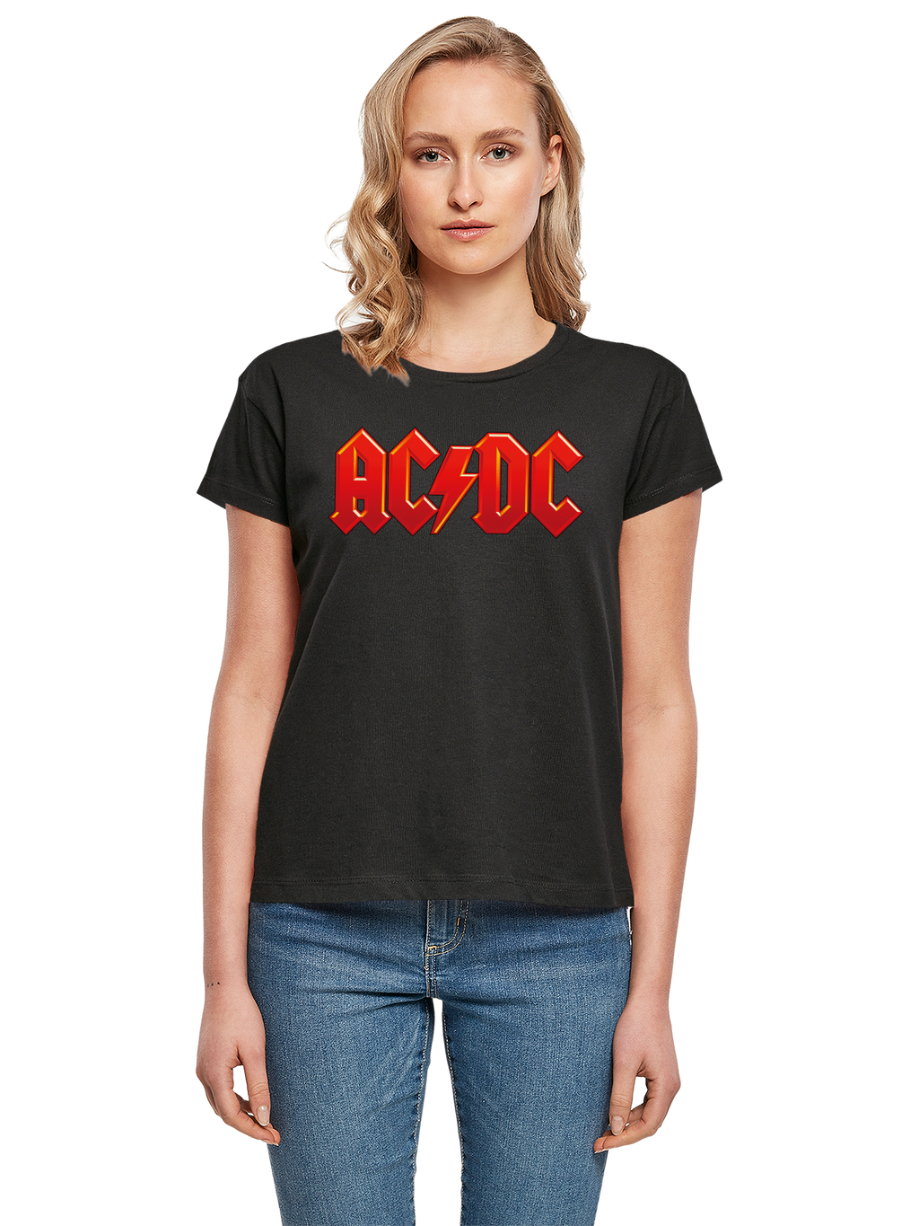 ACDC Damen-Box-T-Shirt mit dunkelrotem Logo