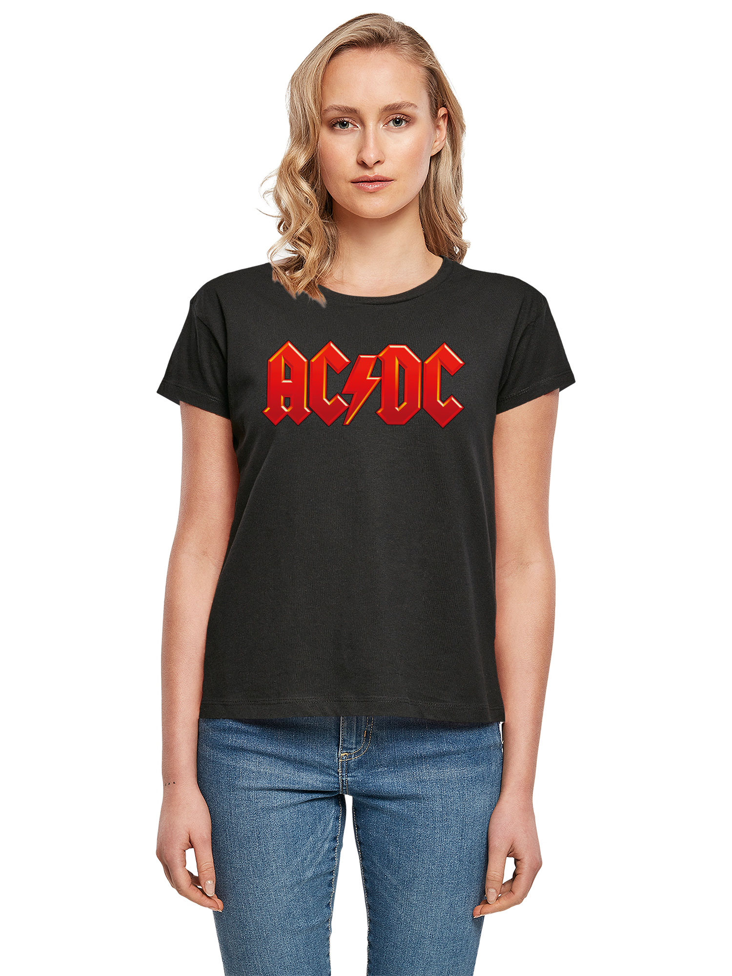 ACDC Damen-Box-T-Shirt mit dunkelrotem Logo