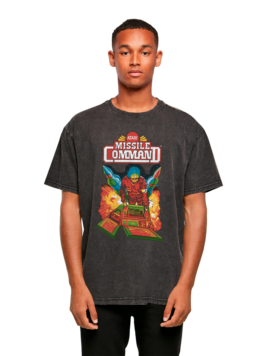 Colgadora de comando de misiles Atari Retro Gaming con camiseta de gran tamaño pesado de ácido