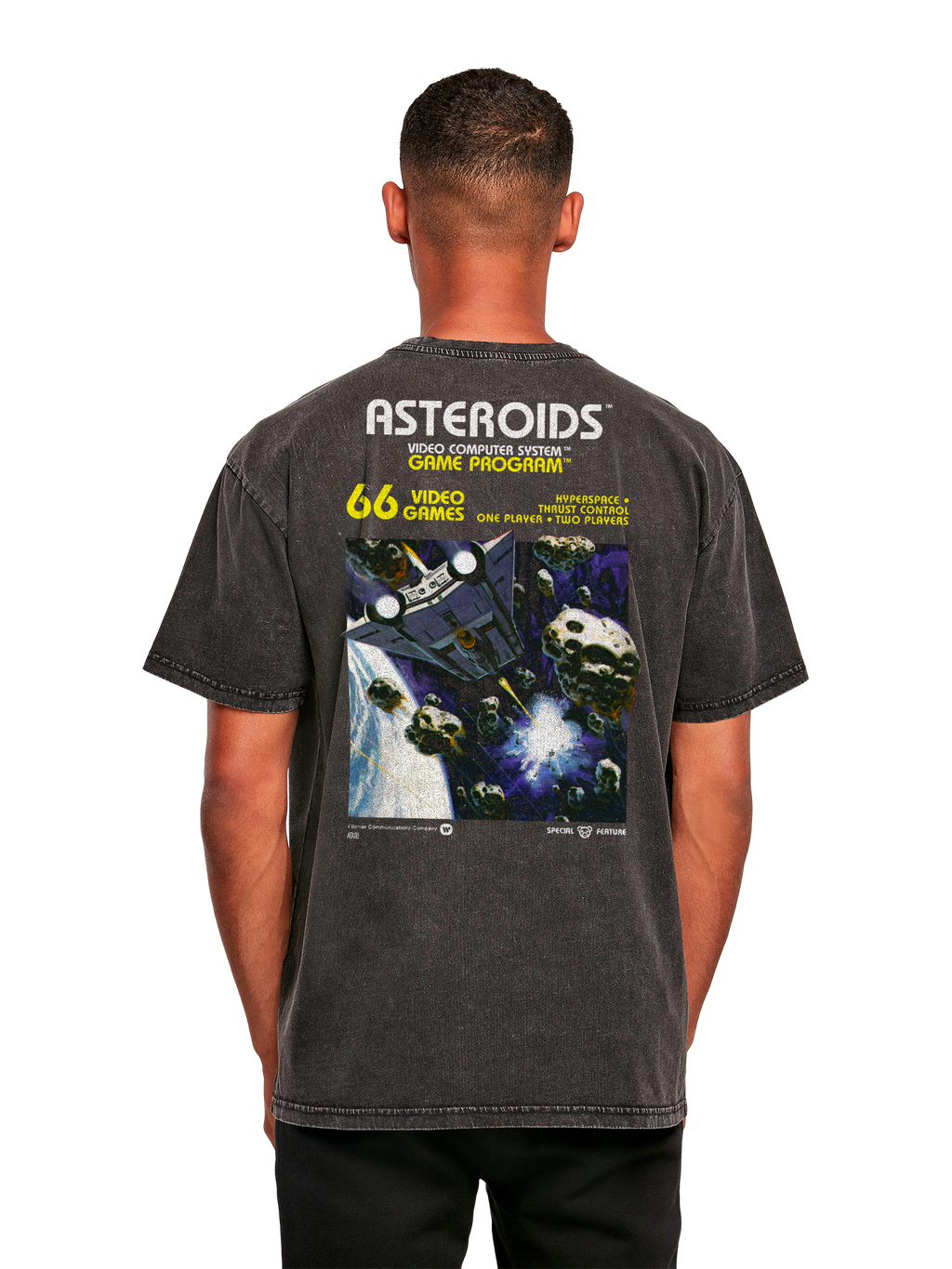 Logotipo de Atari Games White Retro Gaming Horizontal y Atari Asteroids Cubra de cajas con camiseta de gran tamaño pesado de ácido