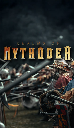Game title 'Realms of Mythodea' with characters in a larp fantasy setting.