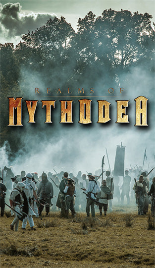 Poster for 'Realms of Mythodea' with a group of people in a larp battle scene in a misty landscape.