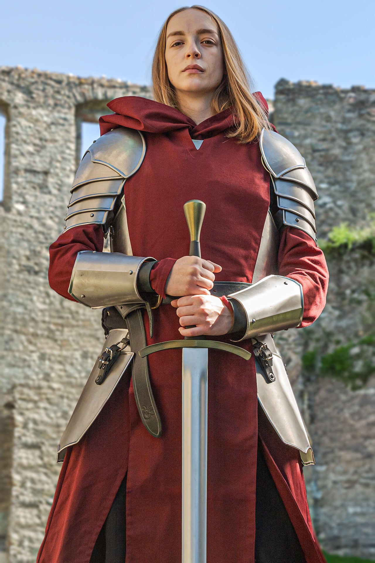 Red D&D Call to Arms paladin costume, ready to protect the innocent.