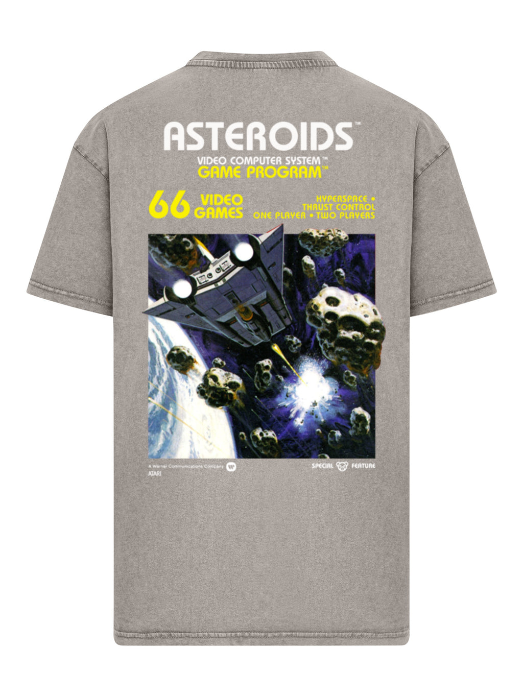 Logotipo de Atari Games White Retro Gaming Horizontal y Atari Asteroids Cubra de cajas con camiseta de gran tamaño pesado de ácido