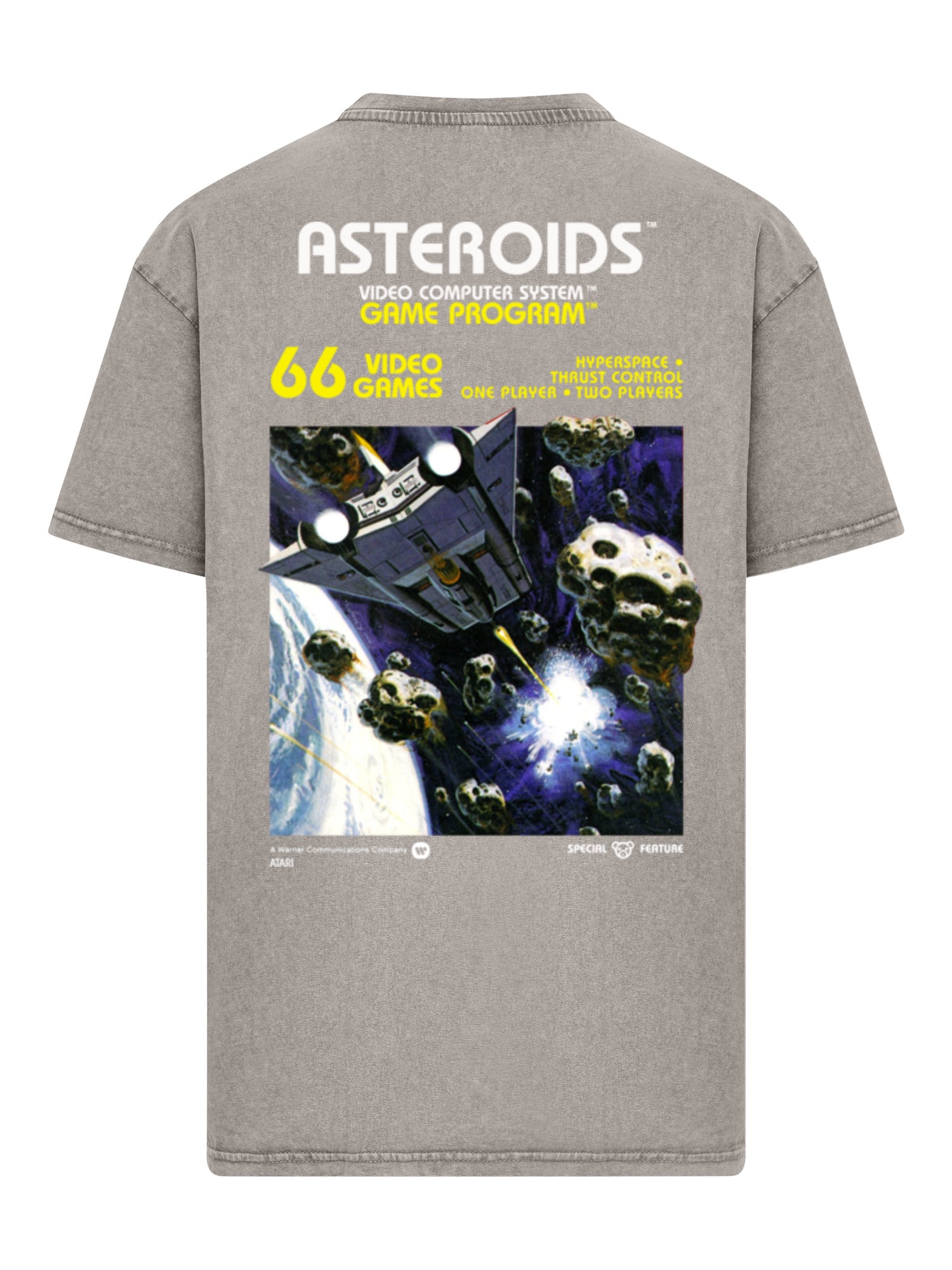 Logotipo de Atari Games White Retro Gaming Horizontal y Atari Asteroids Cubra de cajas con camiseta de gran tamaño pesado de ácido