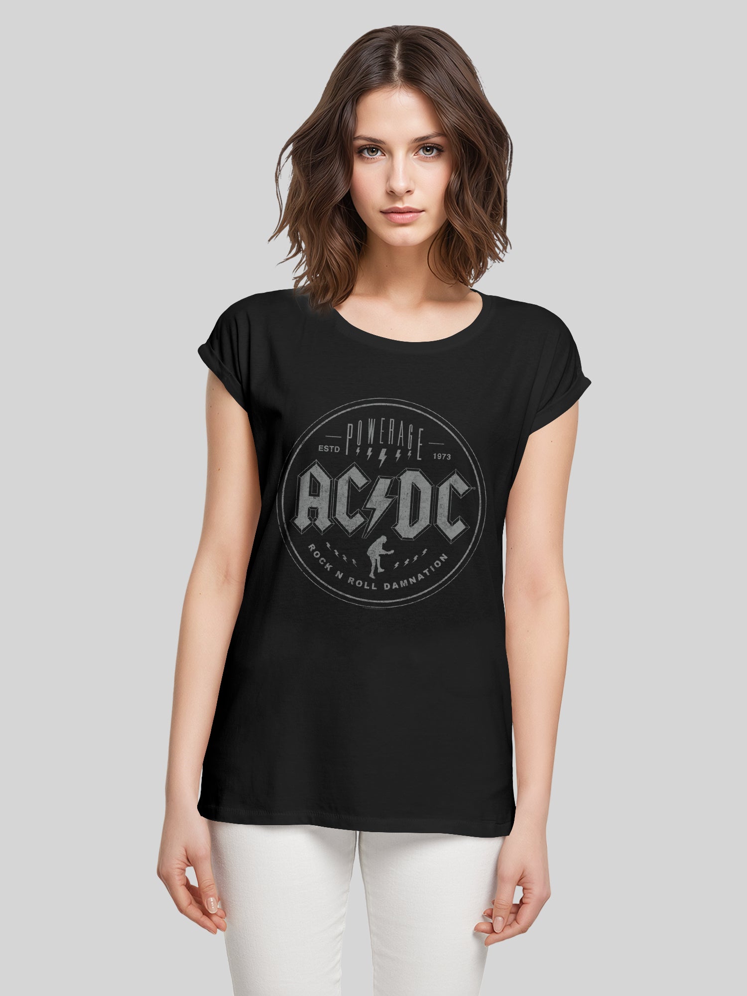 ACDC Rock N Roll Damnation Ladies Extended Shoulder Tee