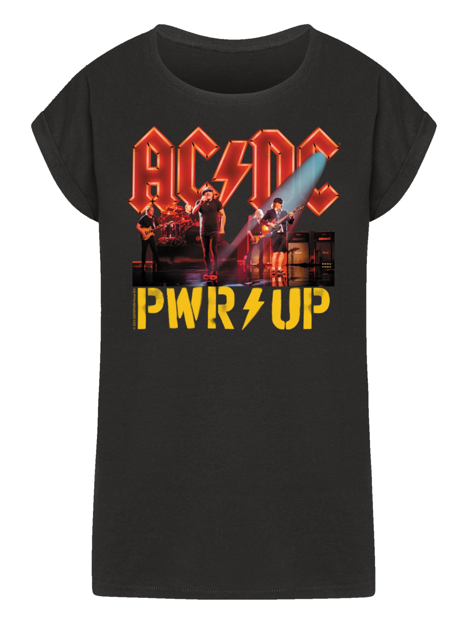 Luces de escenario de pwrup acdc con camiseta de hombro extendido de damas