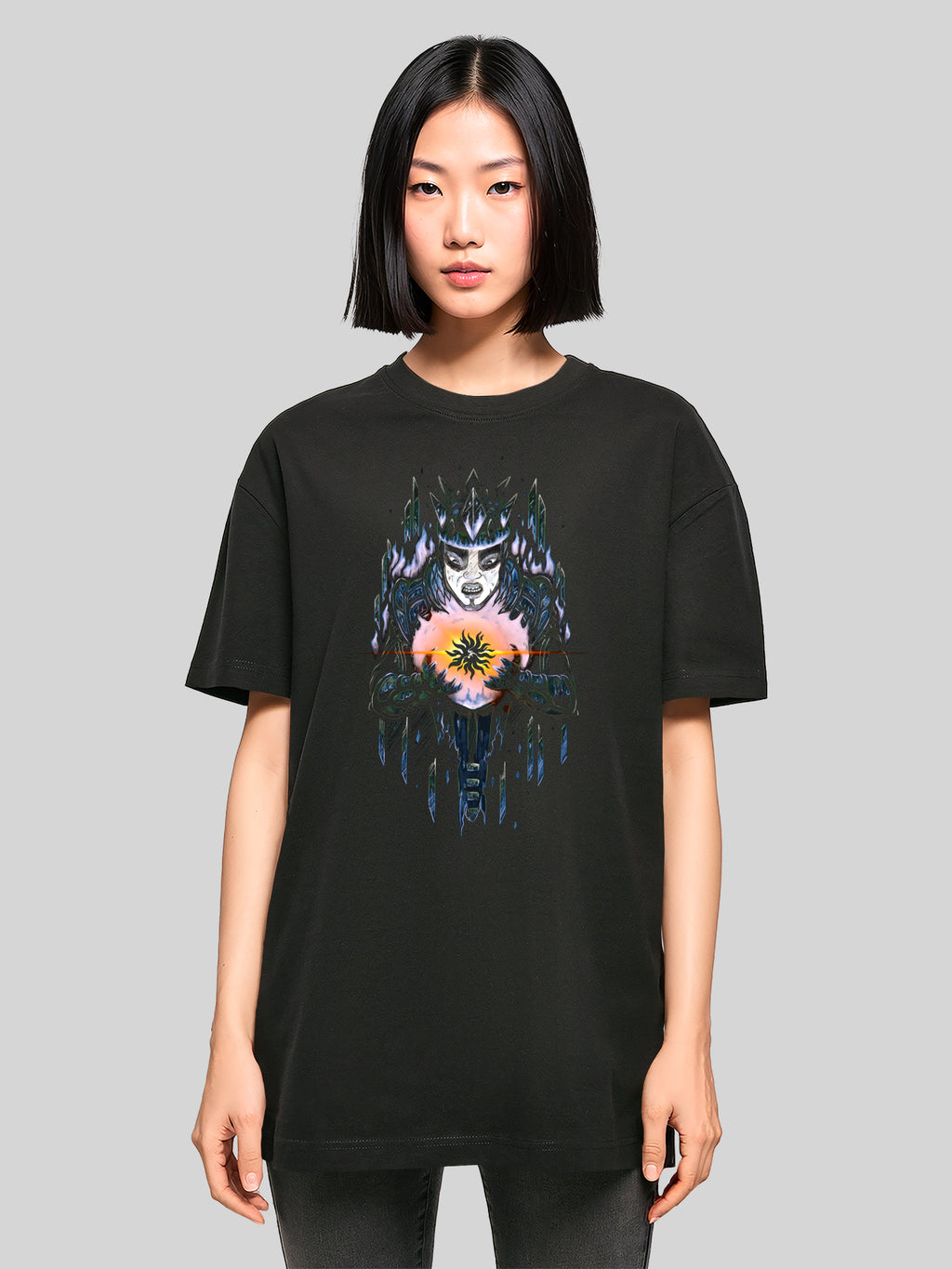 Chroniken der Mythodea 2025 Vermächtnis des Feuers stummgeschaltet und Burgschneider WHT mit Damen übergroßem Freund Tee T -Shirt