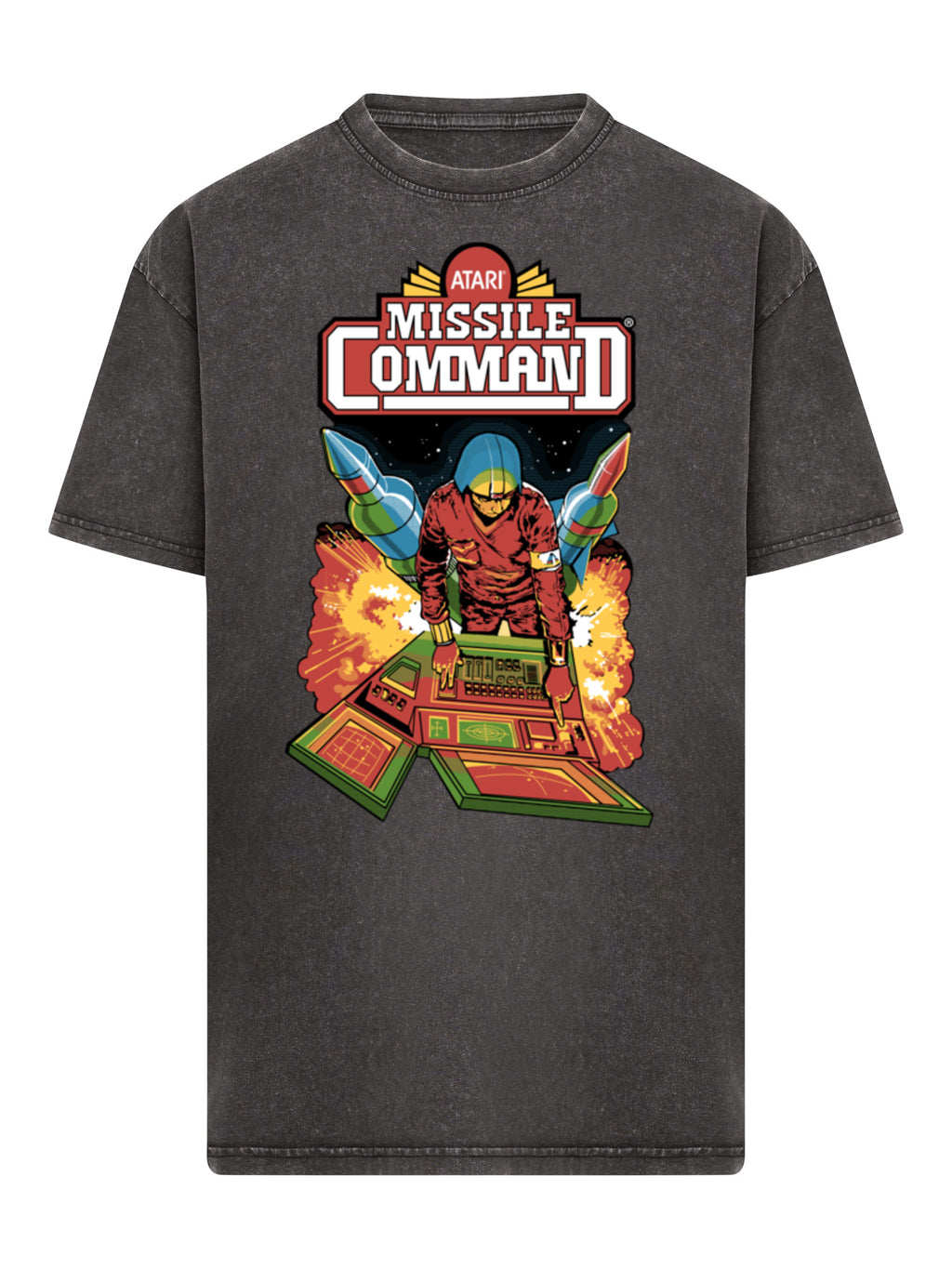 Colgadora de comando de misiles Atari Retro Gaming con camiseta de gran tamaño pesado de ácido