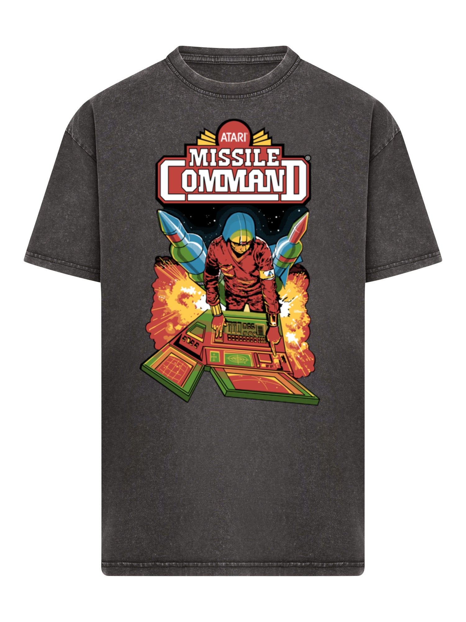Colgadora de comando de misiles Atari Retro Gaming con camiseta de gran tamaño pesado de ácido