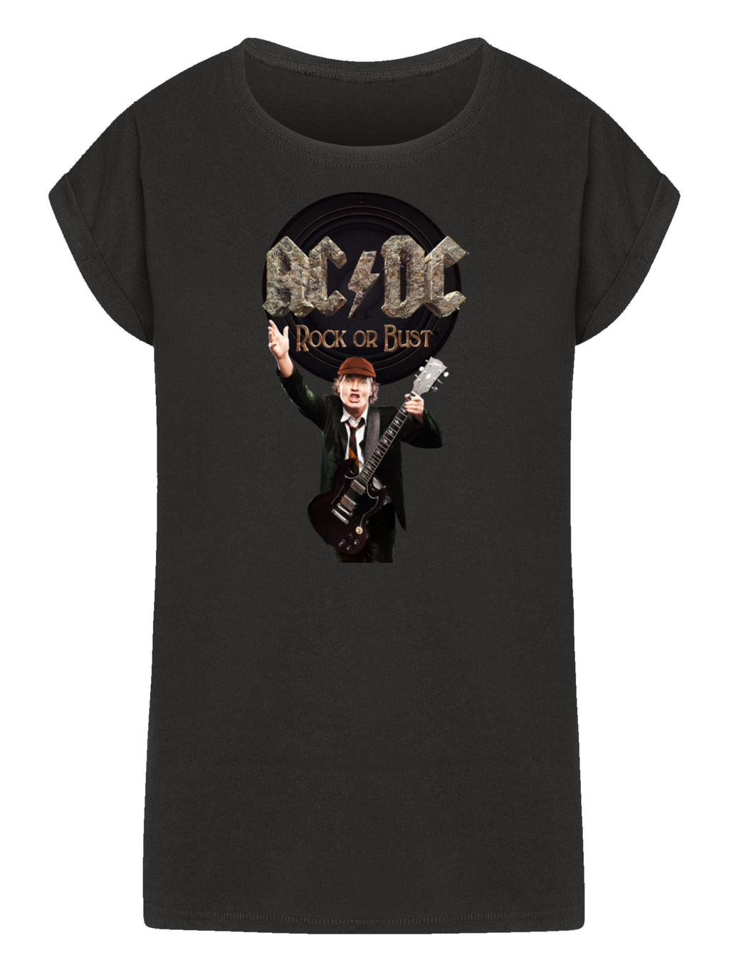 ACDC Rock o busto Angus señoritas extendidas en la camiseta de hombro