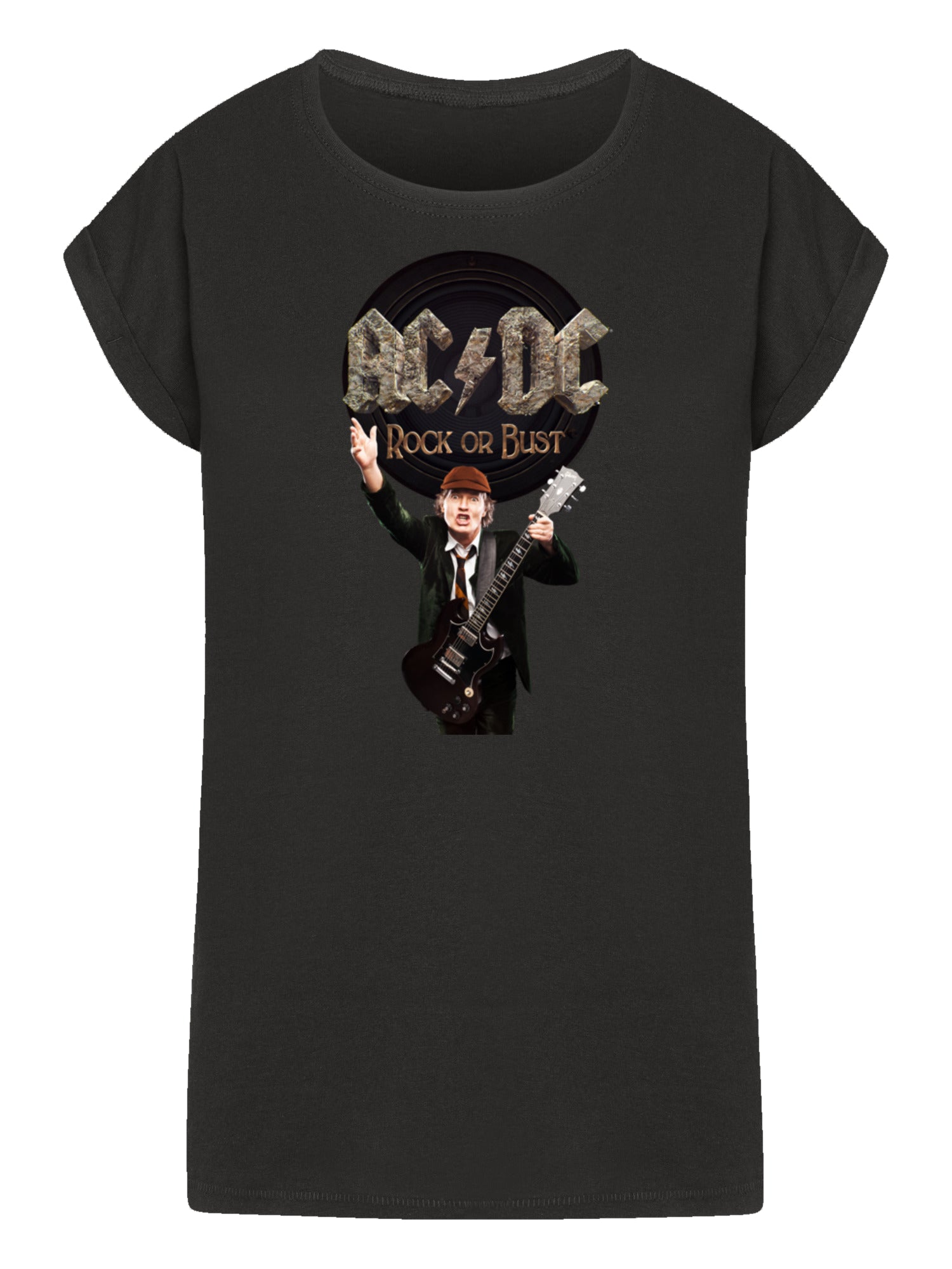 ACDC Rock o busto Angus señoritas extendidas en la camiseta de hombro