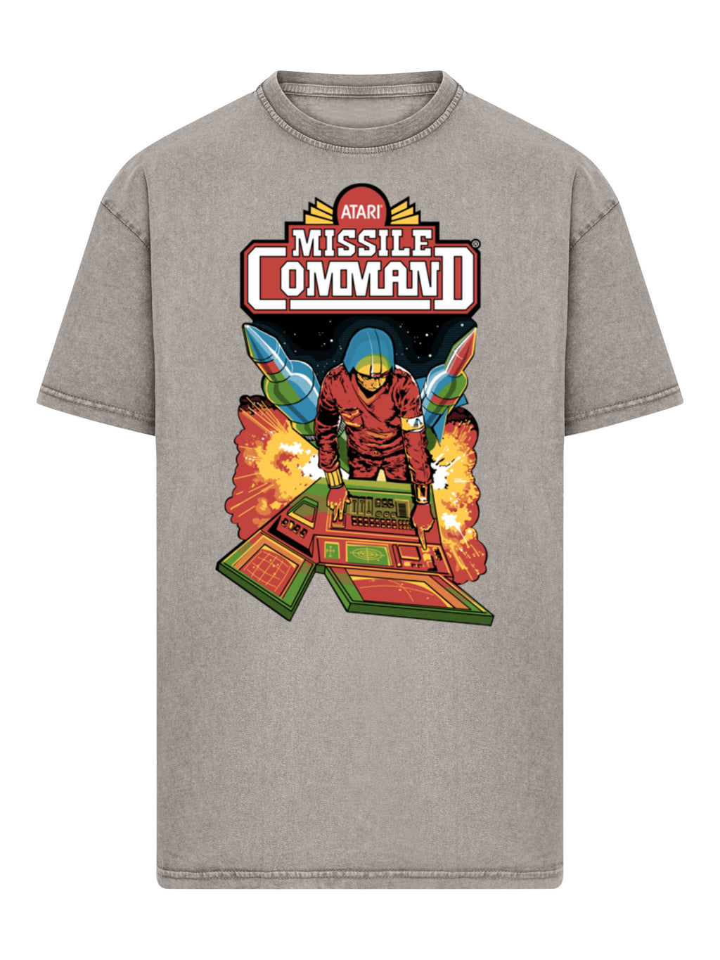 Colgadora de comando de misiles Atari Retro Gaming con camiseta de gran tamaño pesado de ácido