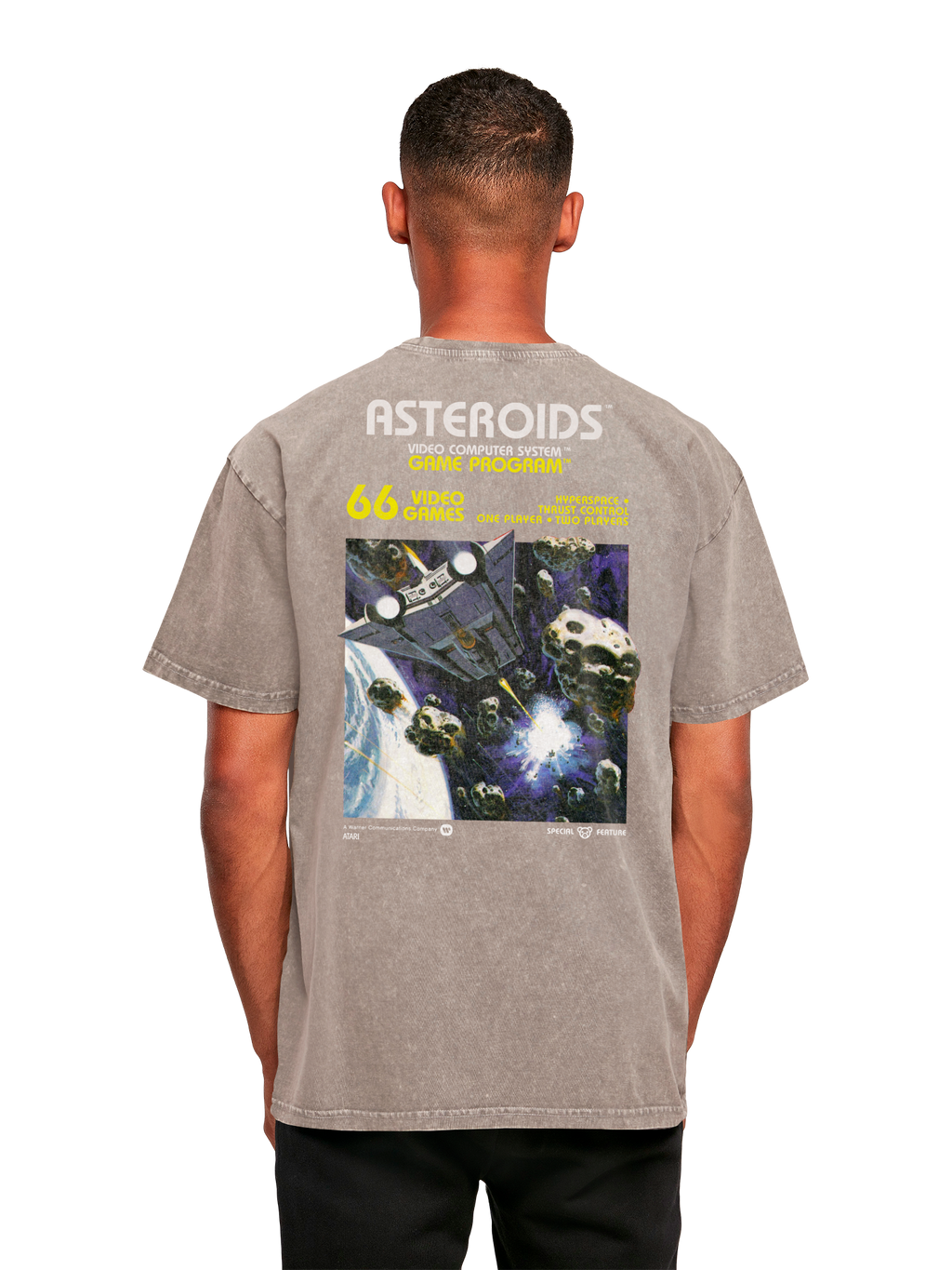 Logotipo de Atari Games White Retro Gaming Horizontal y Atari Asteroids Cubra de cajas con camiseta de gran tamaño pesado de ácido