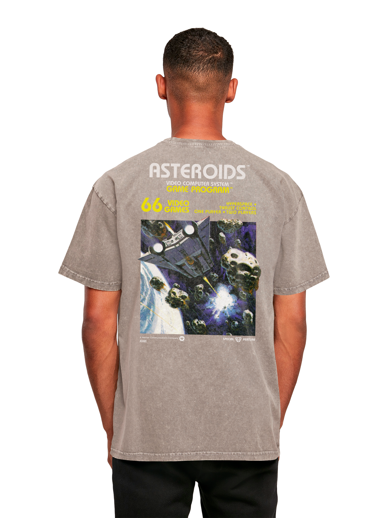 Logotipo de Atari Games White Retro Gaming Horizontal y Atari Asteroids Cubra de cajas con camiseta de gran tamaño pesado de ácido