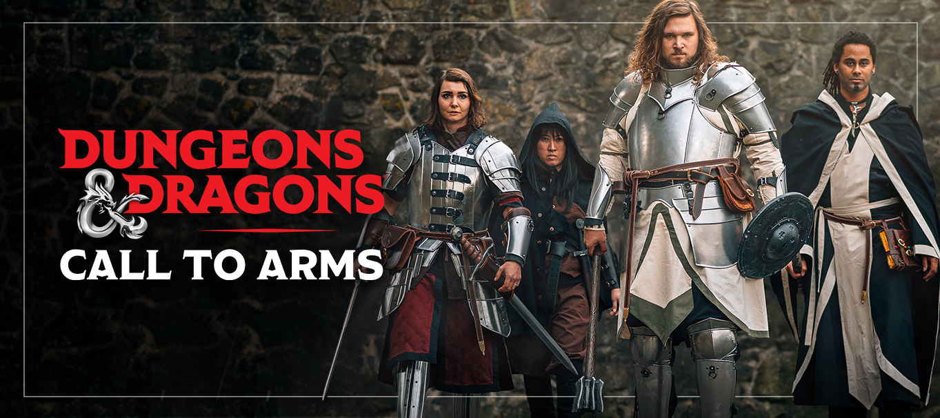 Dungeons & Dragons: Call to Arms. Ein Banner mit den ersten vier Klassen: Kämpfer, Kleriker, Schurke und Zauberer
